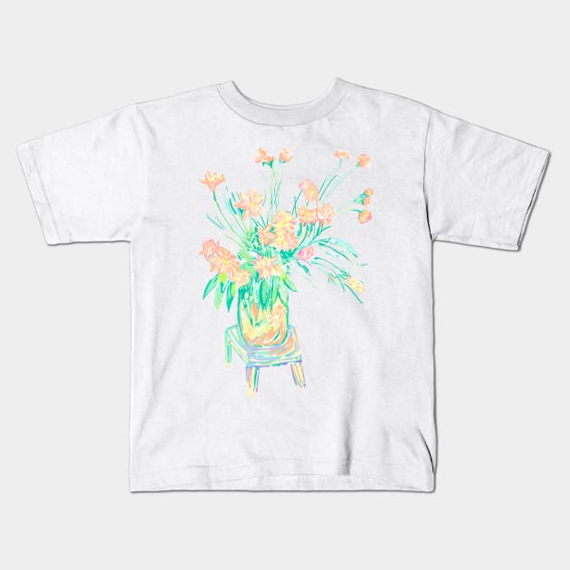 Pantone 2024 Peach Fuzz Floral Bouquet in Yellow Vase Kids T-Shirt by Peaceful Pigments